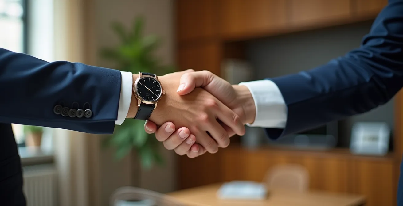 Gros plan sur une poignée de main professionnelle symbolisant l'accord