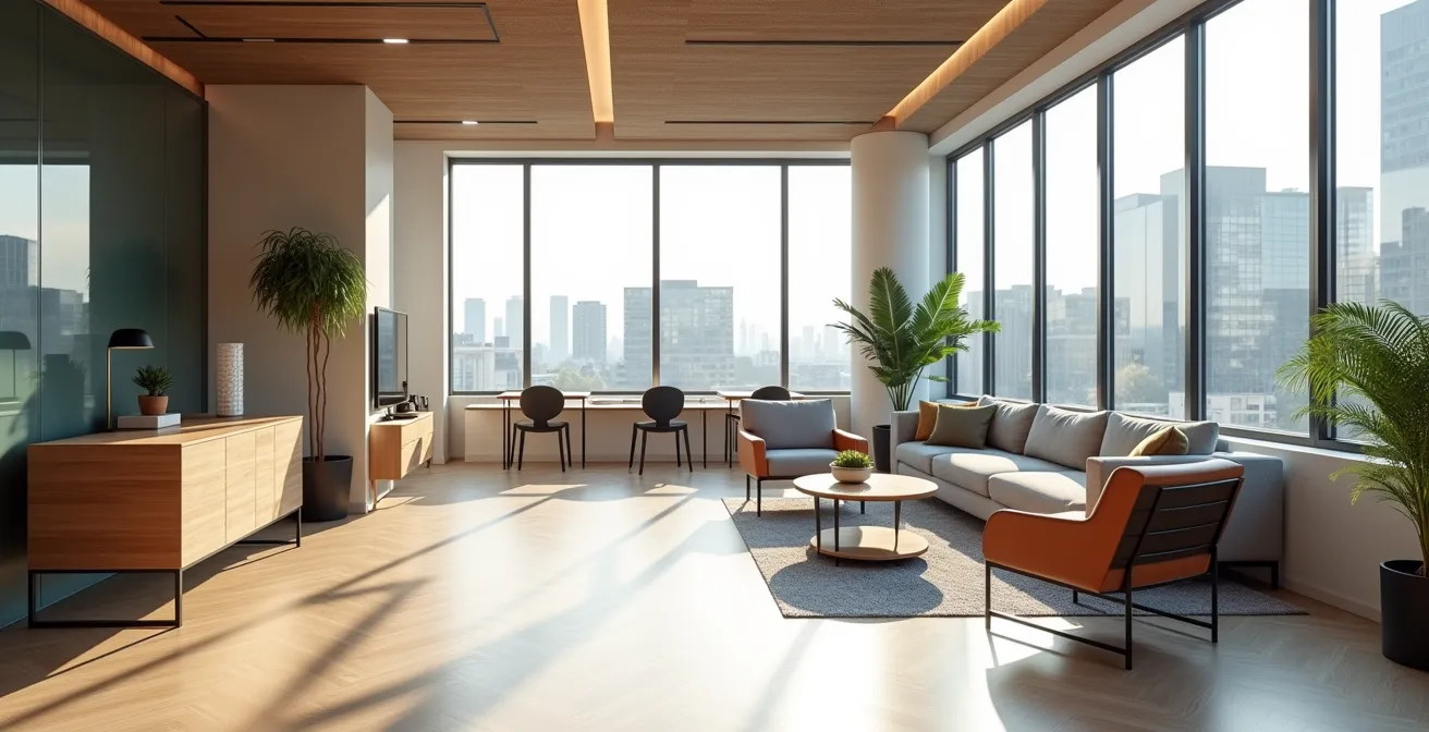 Vue large d'un espace d'agence immobilière moderne et épuré avec architecture contemporaine