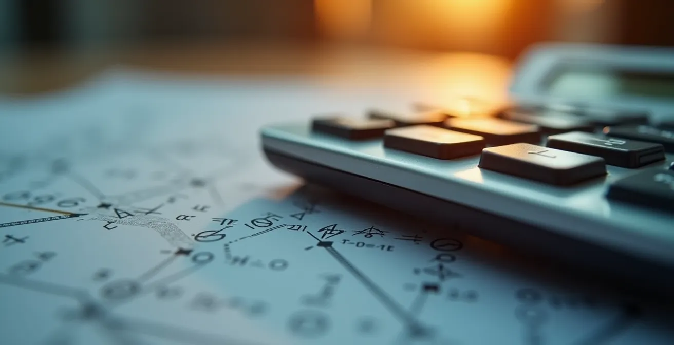 Vue macro détaillée de documents d'évaluation immobilière avec calculatrice professionnelle