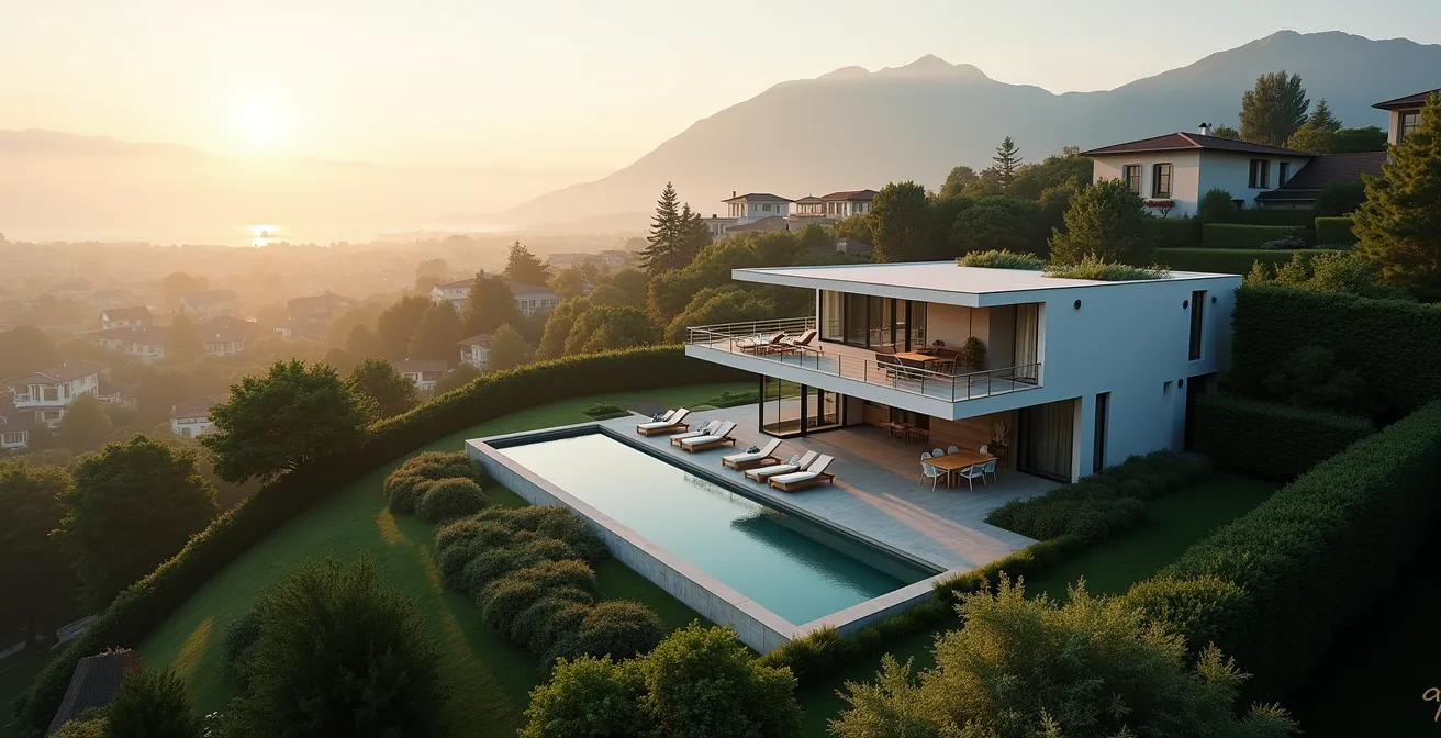 Vue aérienne spectaculaire d'une villa avec jardin capturée par drone