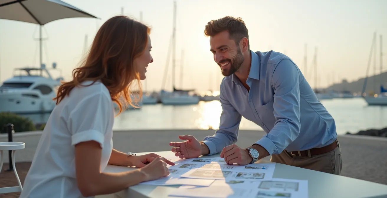 Agent immobilier en discussion avec un client sur une terrasse ensoleillée du Cap d'Agde