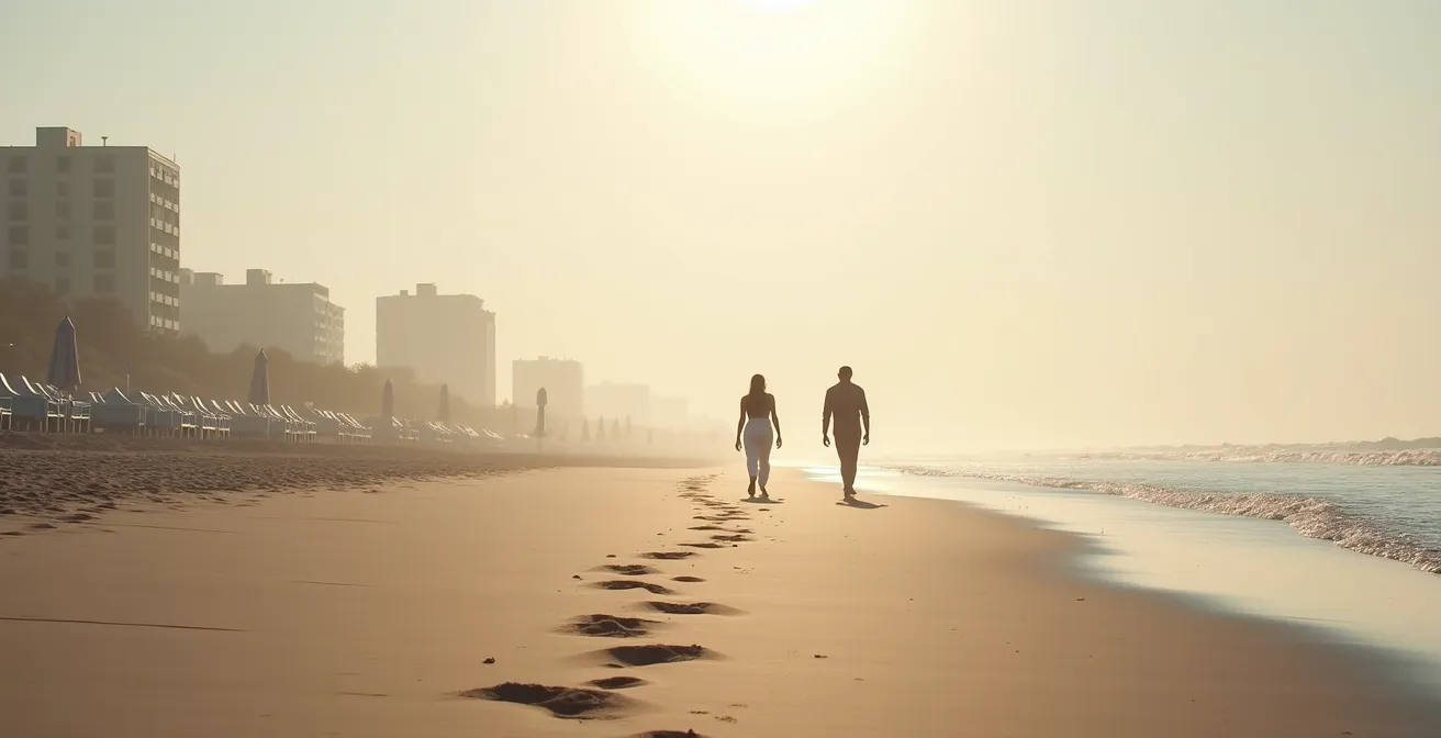 Plage du Cap d'Agde en basse saison avec quelques promeneurs, atmosphère paisible
