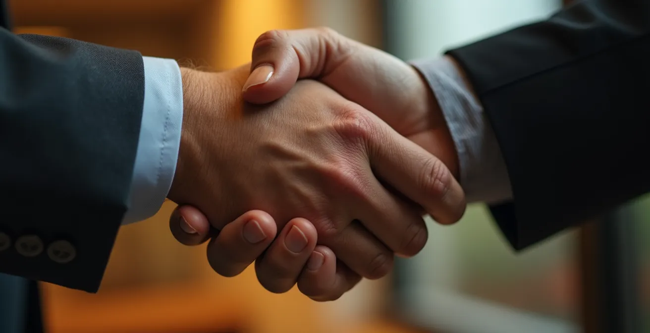 Gros plan sur une poignée de mains professionnelle symbolisant le réseau local