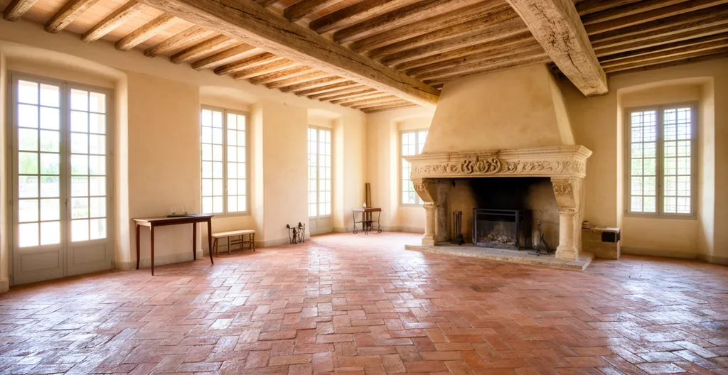 Salon de bastide provençale avec tomettes anciennes et cheminée monumentale