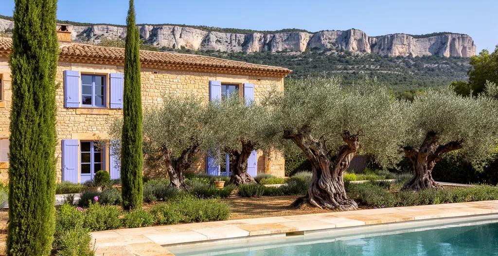 Mas provençal en pierre dorée avec jardin méditerranéen face aux Alpilles