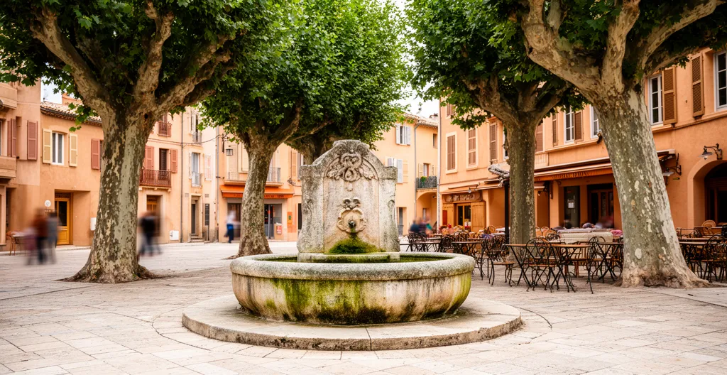 Place de village provençal avec fontaine en pierre et platanes