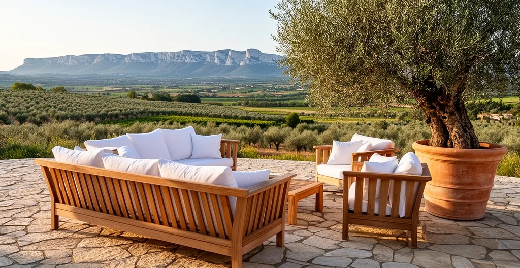 Terrasse en pierre avec salon de jardin face aux crêtes des Alpilles