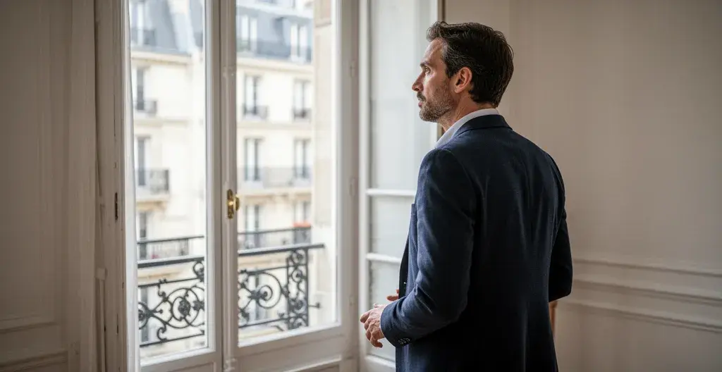 Agent immobilier professionnel observant détails appartement parisien pour estimation