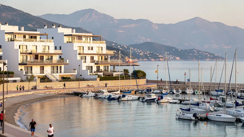 Vue panoramique de la baie de Rosas avec immeubles résidentiels et marina Costa Brava
