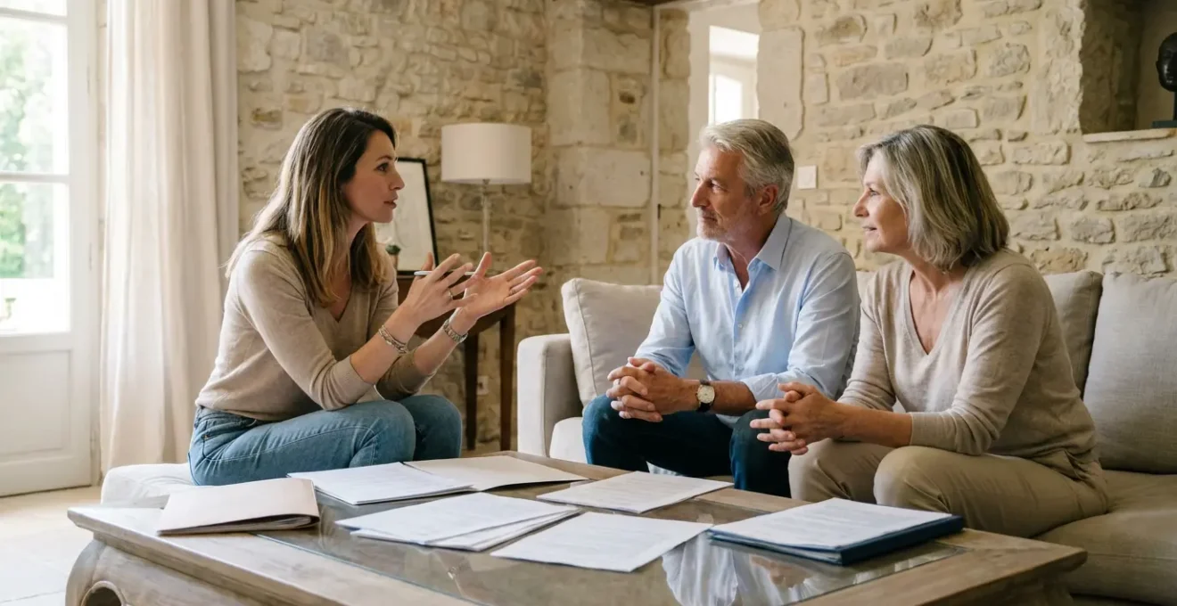 Consultant immobilier présentant un dossier à des clients dans un salon haut de gamme en Provence