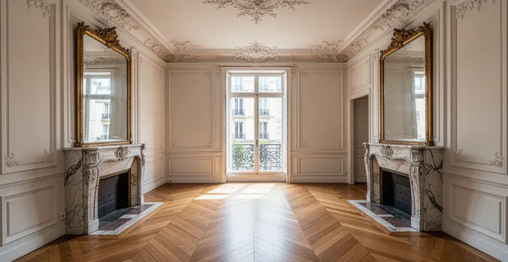 Salon appartement haussmannien parisien avec moulures parquet et lumière naturelle estimation immobilière