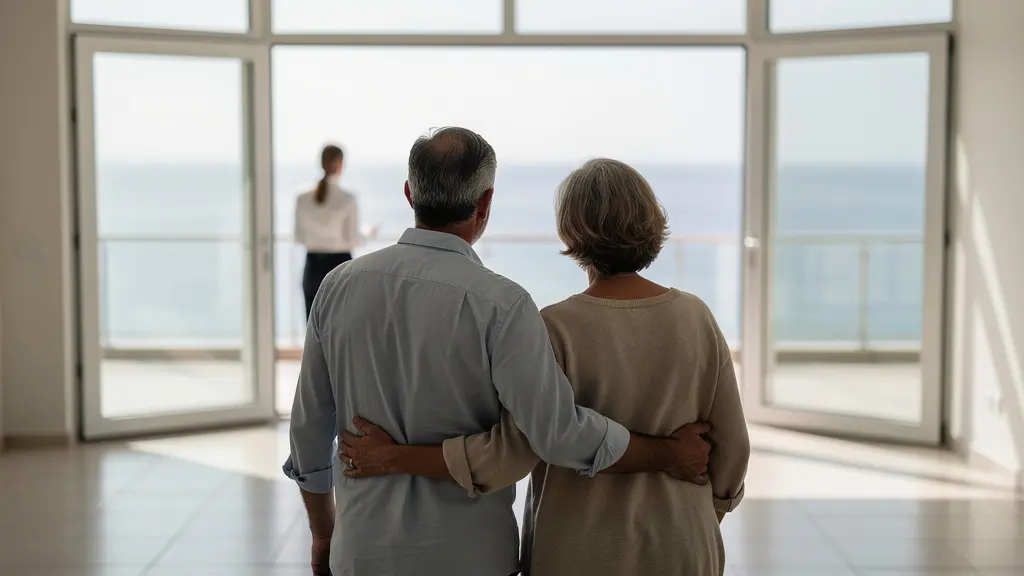 Couple visitant un appartement lumineux à Rosas avec vue sur la mer