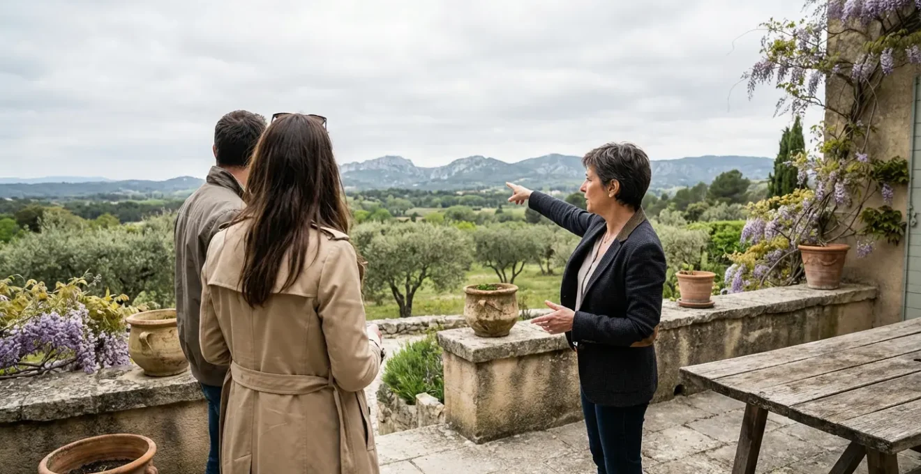 Agent immobilier montrant la vue panoramique depuis une terrasse en pierre à des acquéreurs potentiels