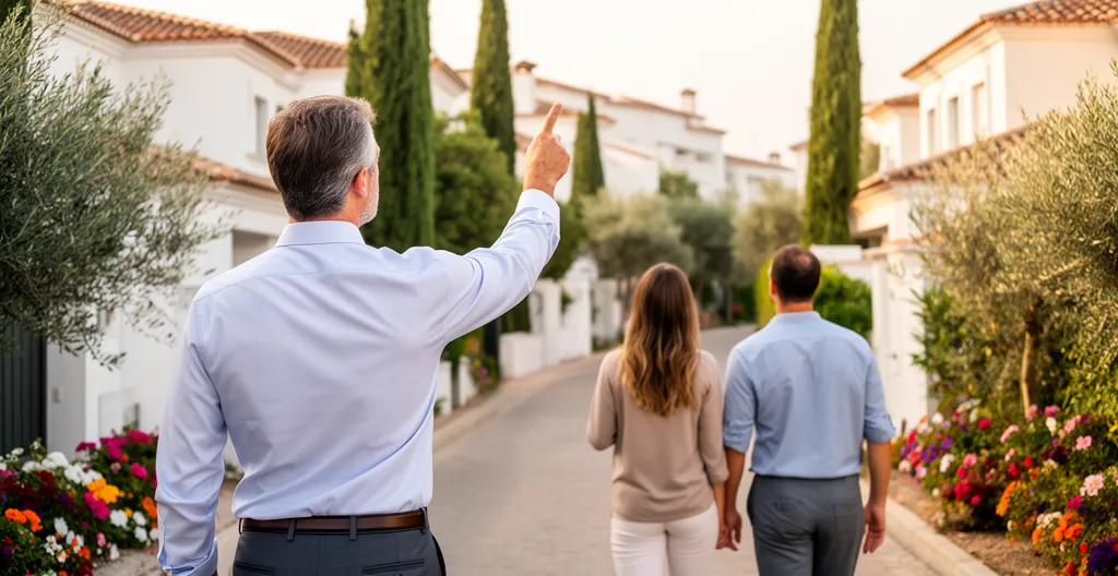 Conseiller immobilier présentant un quartier résidentiel à Canet-en-Roussillon
