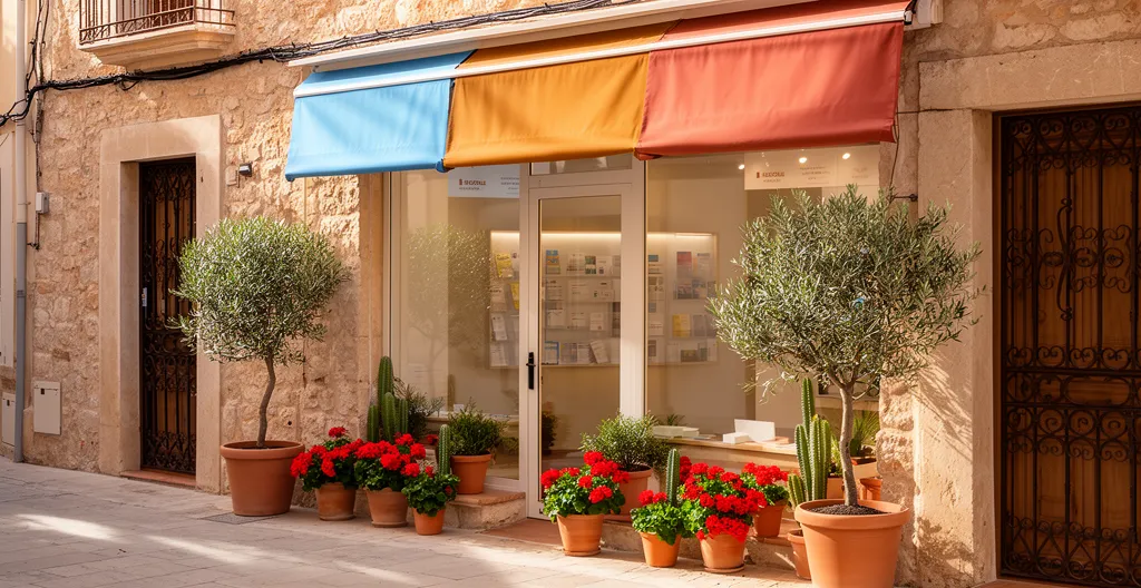 Façade d'une agence immobilière indépendante dans une rue méditerranéenne