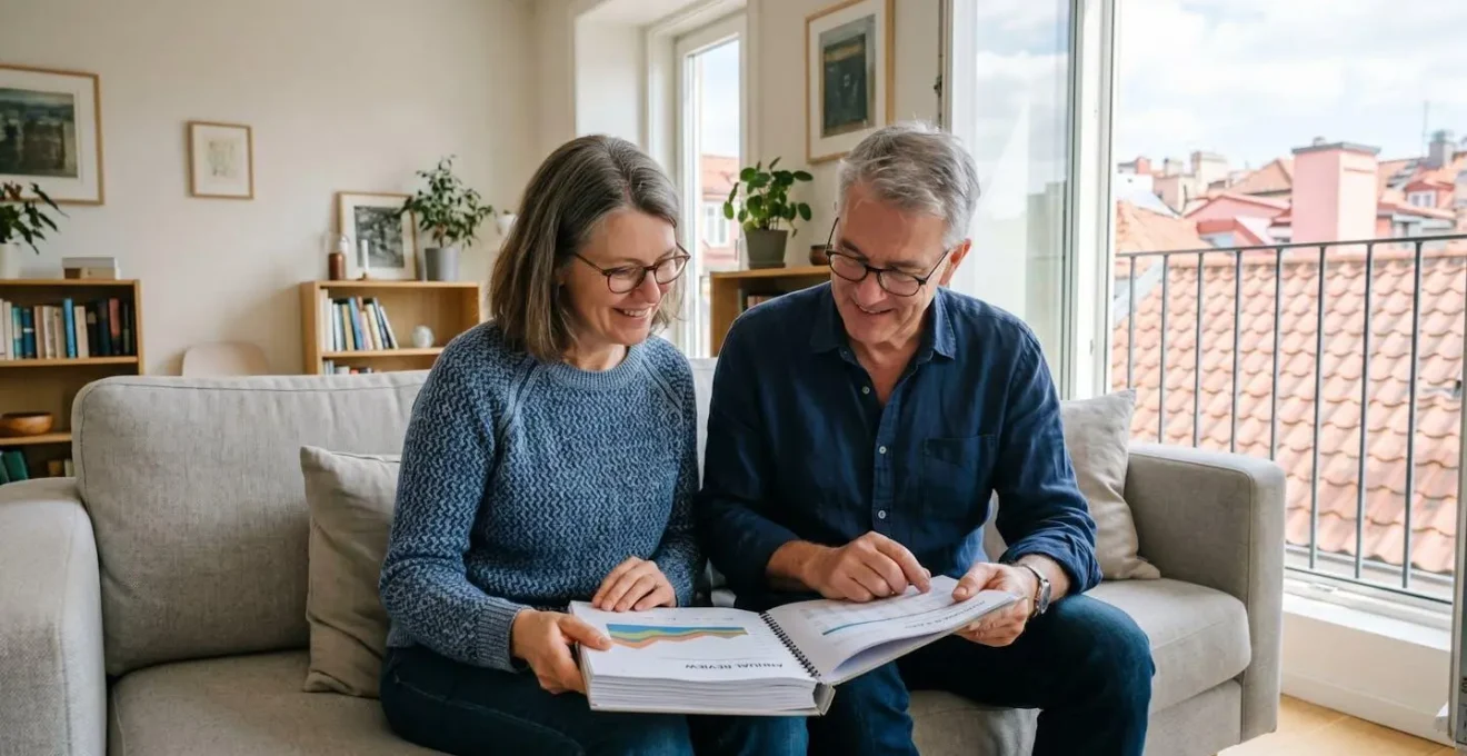 Couple de propriétaires lisant attentivement un rapport d'expertise immobilière dans leur salon toulousain