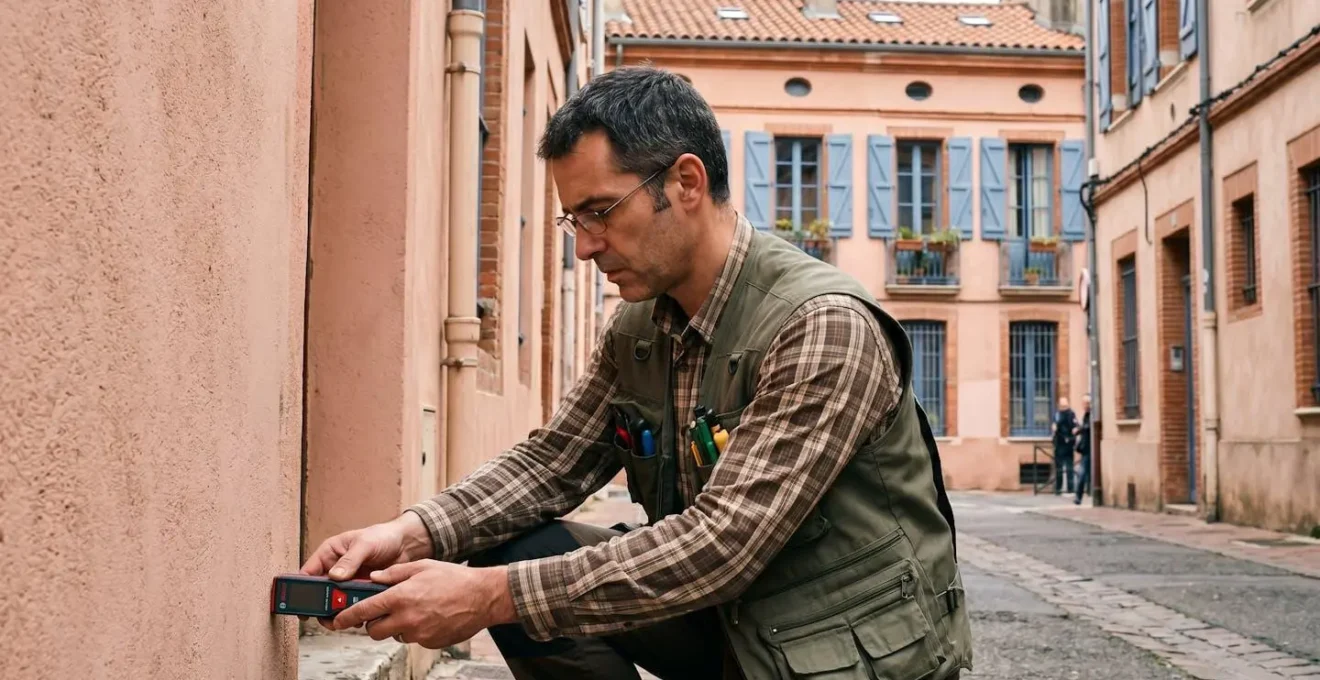 Expert immobilier équipé d'un fissuromètre examinant une fissure sur la façade d'une maison toulousaine