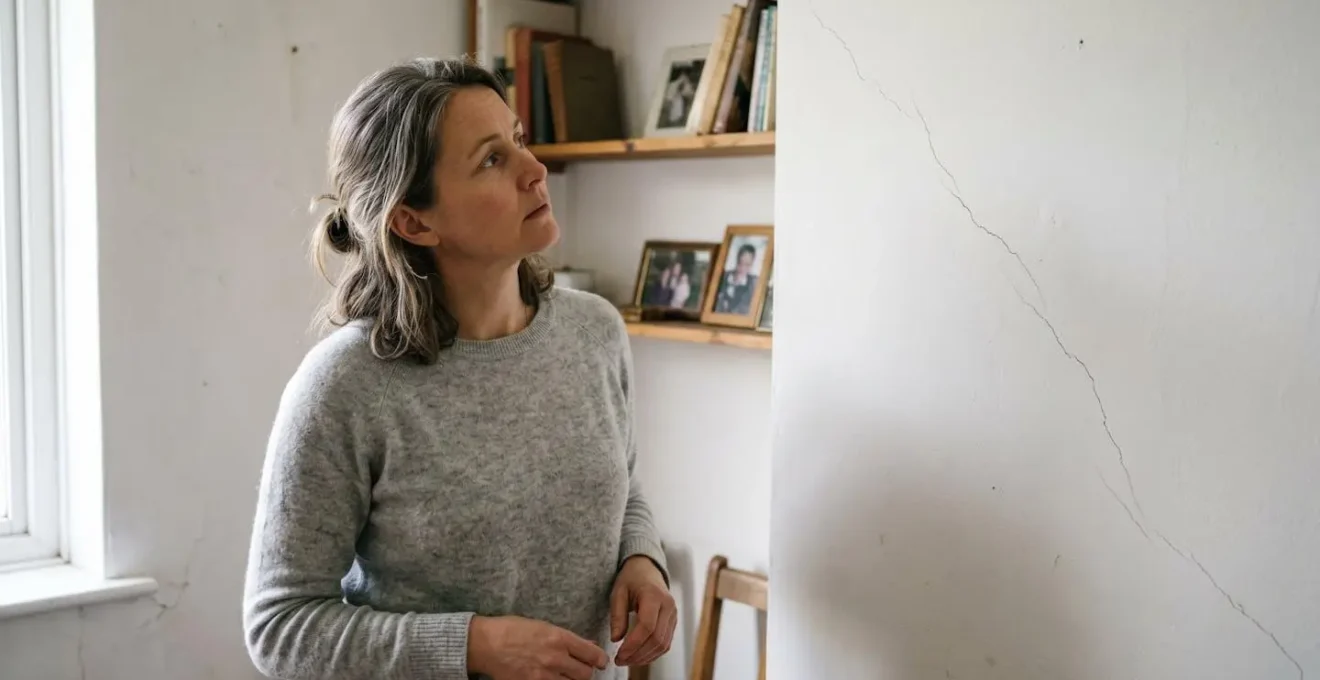 Propriétaire inquiet montrant une fissure importante sur un mur intérieur de sa maison