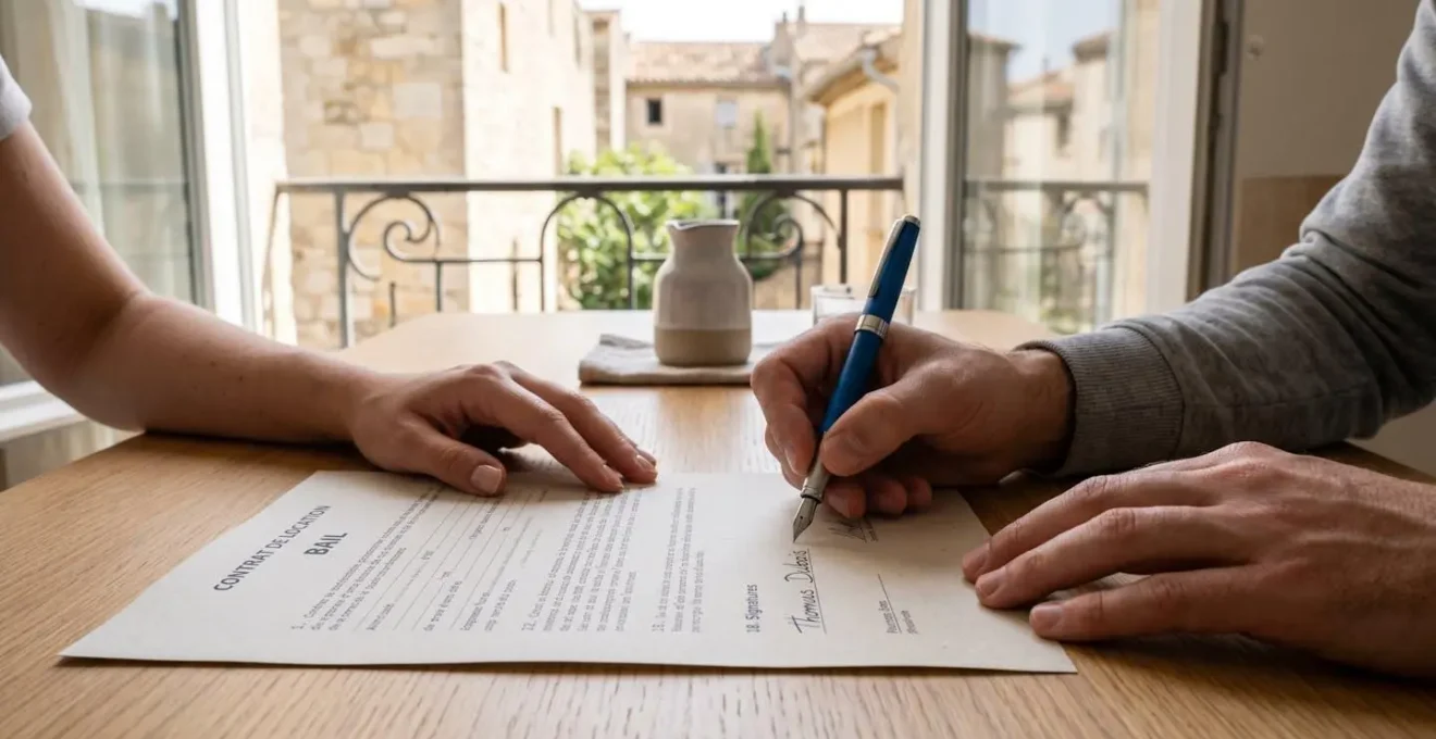 Photo de deux mains signant un bail, symbolisant l'engagement locatif à Narbonne.