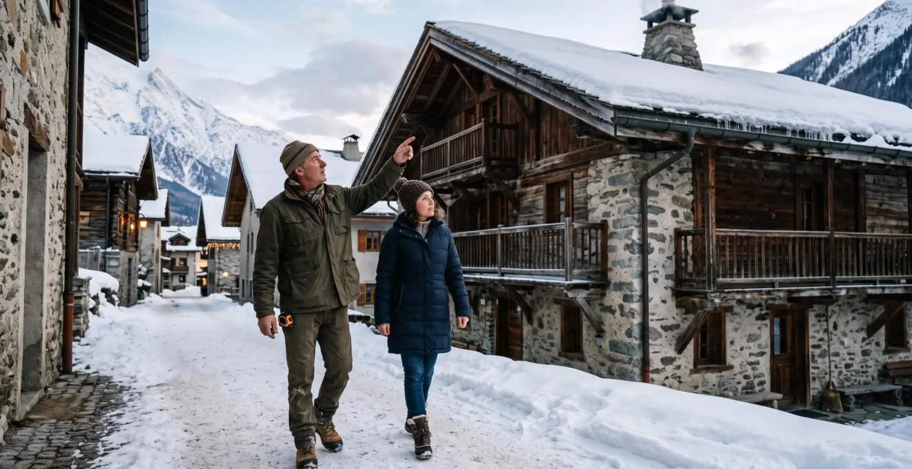 Un artisan et un propriétaire examinent la façade d'un chalet dans un village enneigé.