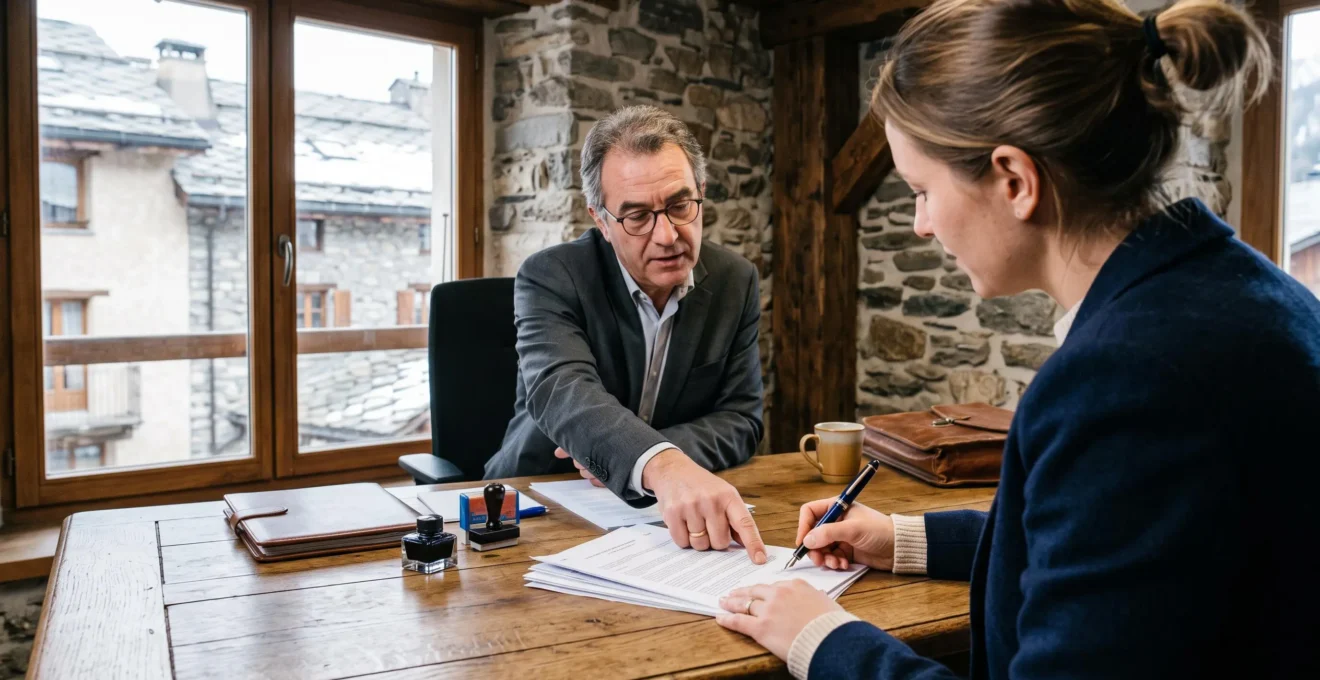 Un acquéreur signe un document chez le notaire dans un bureau lumineux.
