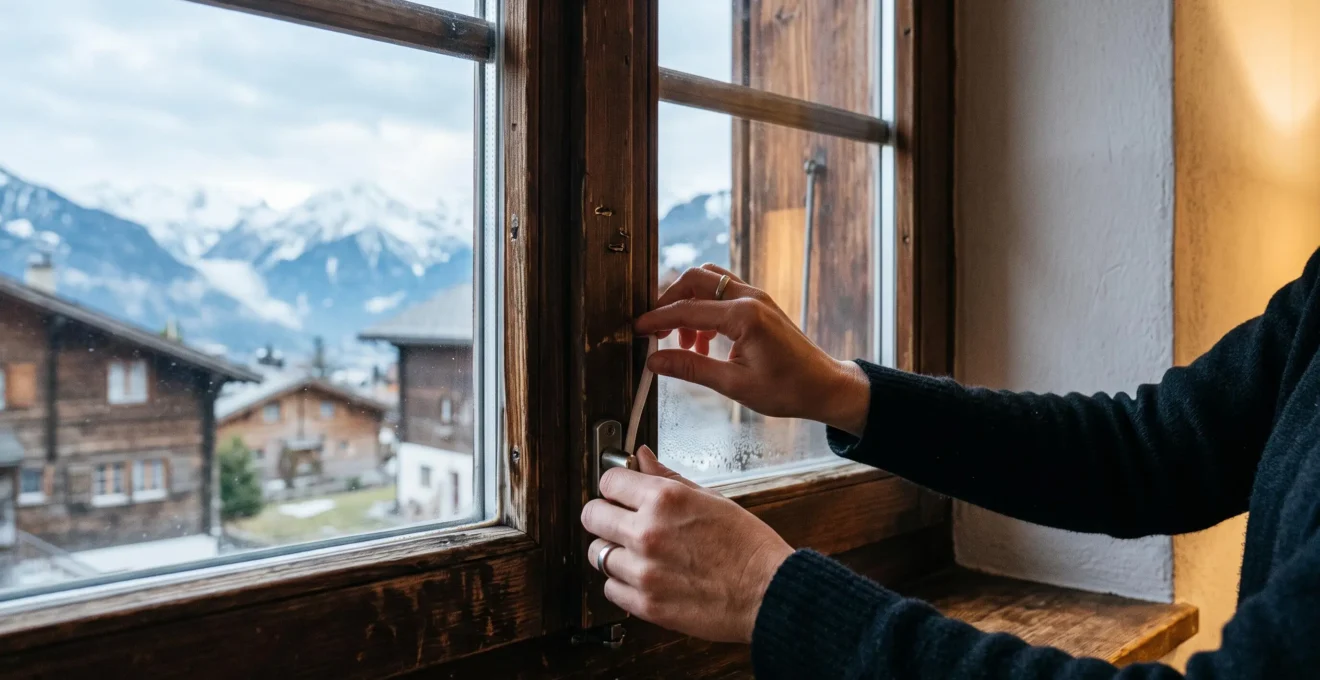 Des mains vérifient l'étanchéité d'un cadre de fenêtre en bois d'un appartement.